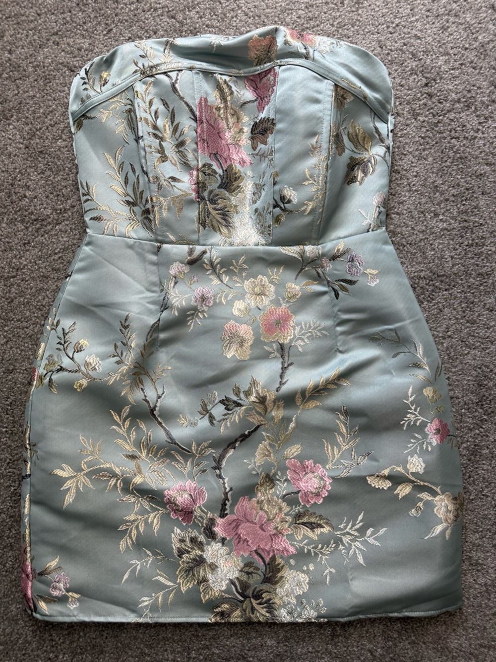 Lulu's Strapless Floral Jacquard Mini Dress in Sage and Pink